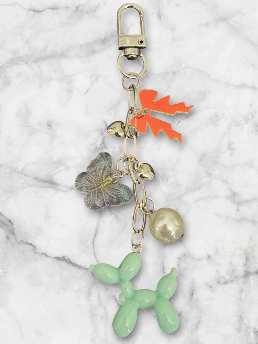 Gold-tone Charm Keychain with Mint Balloon Dog, Pearl & Irisidecent Bow